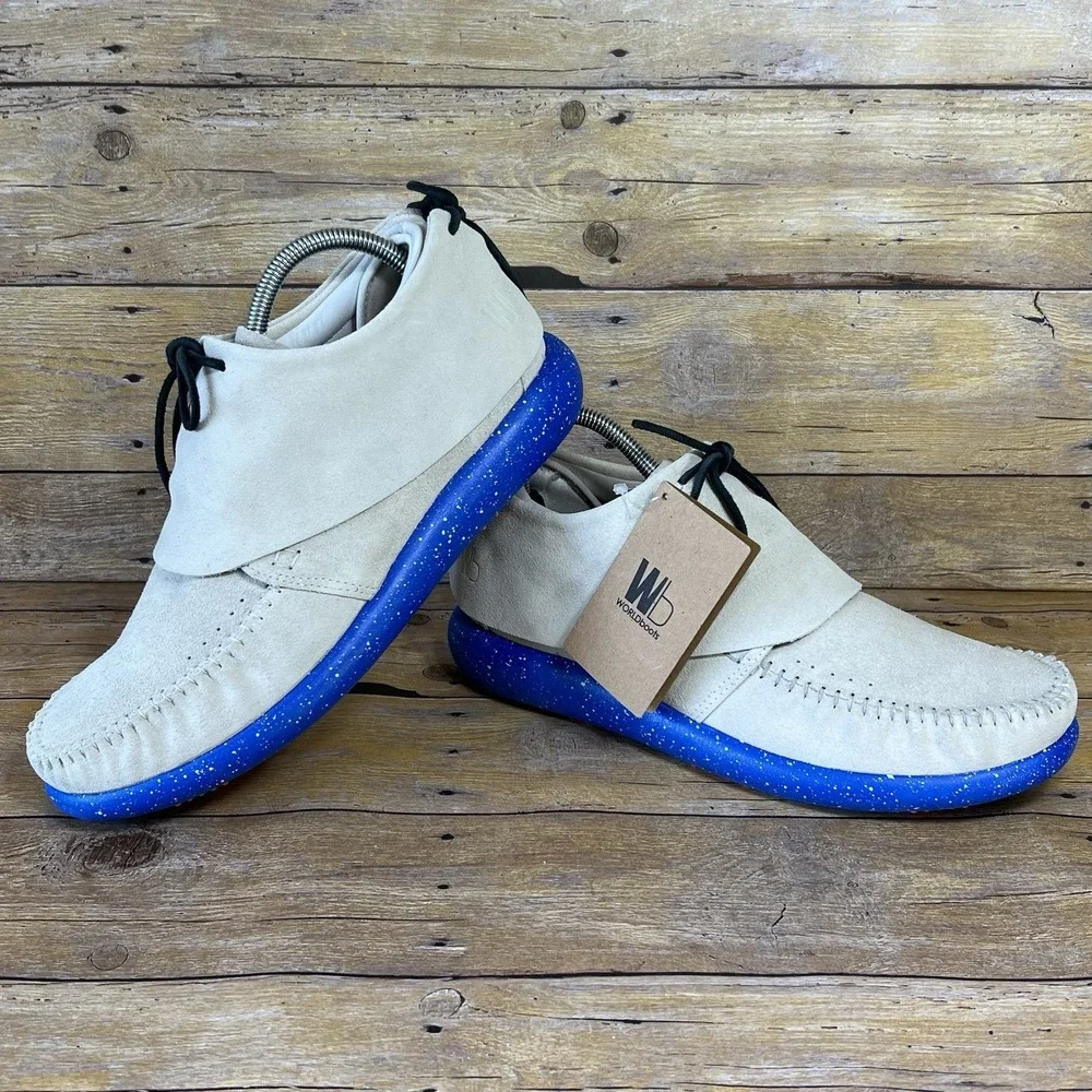 Worldboots Sz‎ 11 Mens Moccasin Sneakers 100% Leather Suede Taupe and Royal Blue